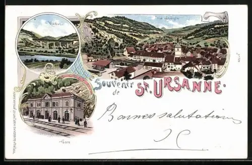 Lithographie St. Ursanne, Viaduc, Vue générale, Gare