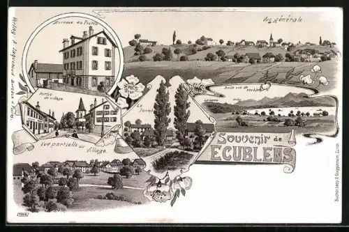 Lithographie Ecublens /VD, Bureaux des Postes, Partie de village, Vue partielle du Village