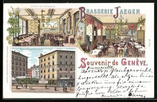 Lithographie Genève, Brasserie Jaeger, Interieur et Exterieur de la Brasserie