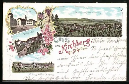 Lithographie Kirchberg /St. Gallen, Dorfstrasse, Kirche und Gesamtansicht