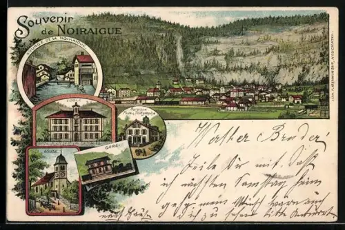 Lithographie Noiraigue, Ecole, Bureaux Poste & Télégraphe, Gare, Eglise