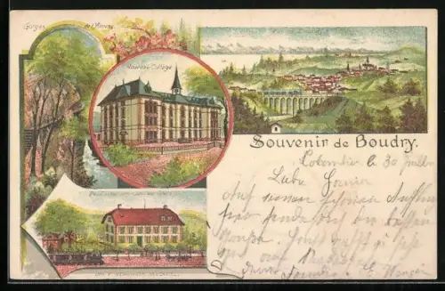 Lithographie Boudry, Nouveau Collège, La Gare, Gorges de l`Areuse