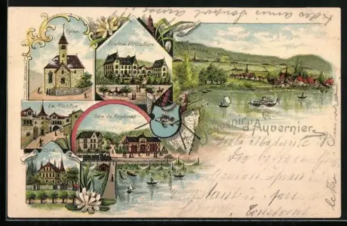 Lithographie Auvernier, Gare du Regionat, Château, La Roche, Eglise