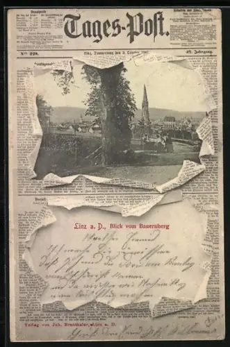 AK Linz a. D., Panoramablick vom Bauernberg, Seite der Tageszeitung Tages-Post vom 3. Oktober 1901