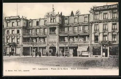AK Lausanne, Place de la Gare, Hotel Continental