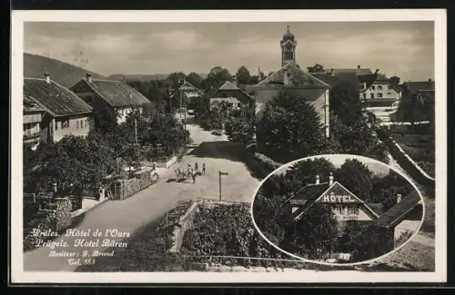 AK Préles / Prügelz, Hotel de l'Ours, Hotel Bären, Ortsansicht