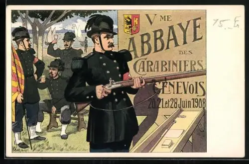 Künstler-AK Genève, Schweizer Soldaten in Uniformen 1908