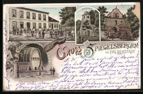 Lithographie Halberstadt, Restaurant Spiegelsberg, Aussichtsturm, Schloss, Das grosse Fass