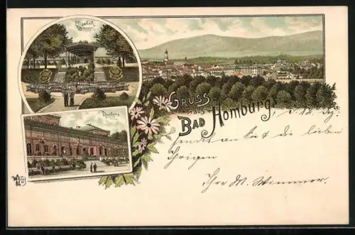 Lithographie Bad Homburg, Elisabeth-Brunnen, Ansicht vom Kurhaus