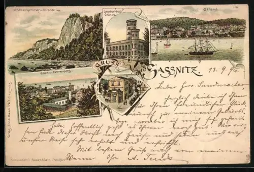 Lithographie Sassnitz, Jagdschloss Granitz, Stubbenkammer v. Strande aus