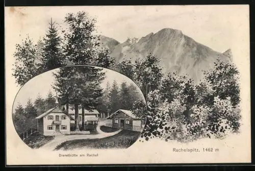 Künstler-AK Eugen Felle: Oberwössen, Rachelspitz, Diensthütte am Rachel