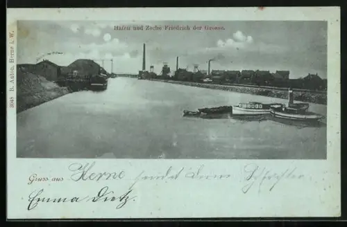 Mondschein-AK Herne, Hafen und Zeche Friedrich der Grosse