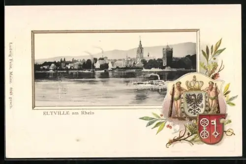 Passepartout-Lithographie Eltville am Rhein, Rheinpartie, Wappen