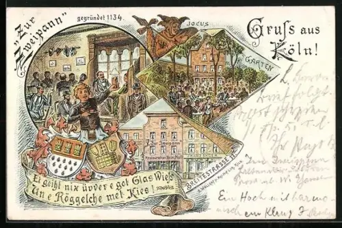 Lithographie Köln, Gasthaus zur Zweipann mit Gartenlokal v. Scheben, Breitestrasse 17, Wappen