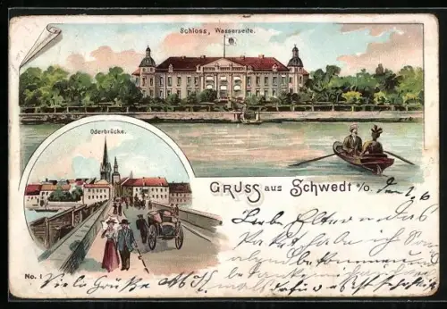 Lithographie Schwedt a. O., Oderbrücke, Schloss vom Wasser aus