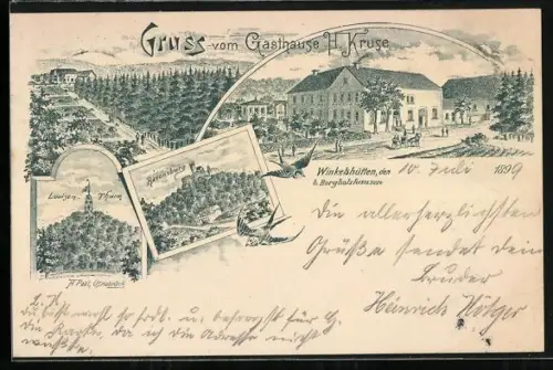 Lithographie Winkelshütten b. Borgholzhausen, Gasthof H. Kruse, Ravensburg, Louisen-Thurm