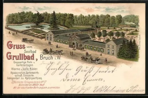 Lithographie Bruch / Recklinghausen, Grullbad mit Parkanlagen