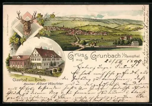 Lithographie Grunbach / Remsthal, Gasthaus zum Hirsch, Ortsansicht mit Bahnhof und Eisenbahn