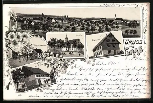 Lithographie Grab, Gasthaus zur Krone, Rathaus, Kirche