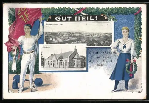 AK Emmendingen, Gauturnfest 1906, Turnhalle, Ortsansicht von Osten