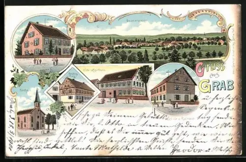 Lithographie Grab, Gasthaus zur Krone, Handlung von Münz, Pfarrhaus