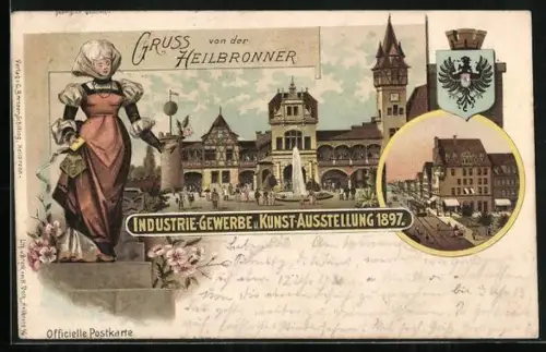 AK Heilbronn, Industrie-Gewerbe und Kunstausstellung 1897, Ortsansicht, Stadtwappen