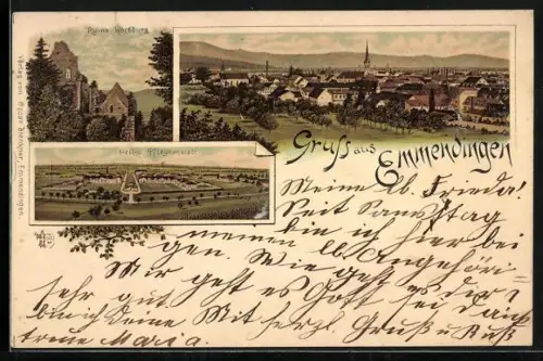 Lithographie Emmendingen, Ruine Hochburg, Heil- und Pflegeanstalt, Ortspanorama