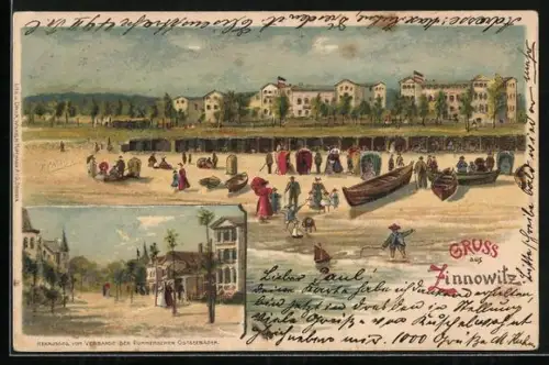 Lithographie Zinnowitz, Buntes Treiben am Strand