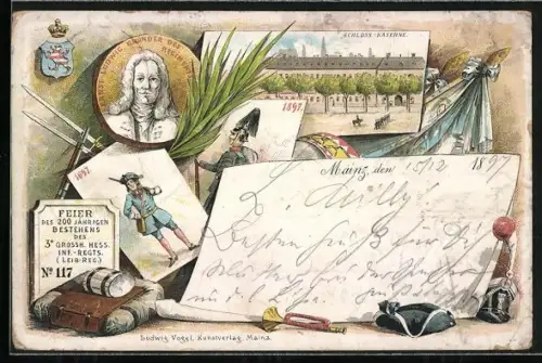 Lithographie Mainz, 200-jähriges Bestehen des 3. Hess. Infanterie-Regiments No. 117, Schloss-Kaserne