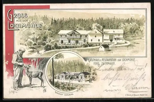 Lithographie Wehrheim, Gasthaus und Restauration zur Lochmühle, Bahnhof Saalburg