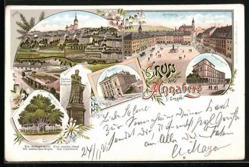 Lithographie Annaberg i. Erzgeb., Theater, Realgymnasium, Grosse Linde
