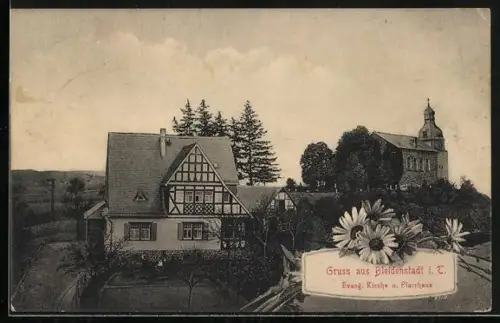 AK Bleidenstadt i. T., Evang. Kirche u. Pfarrhaus