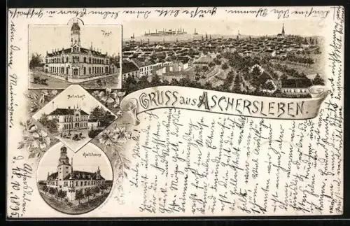 Vorläufer-Lithographie Aschersleben, 1895, Bahnhof, Rathaus, Post