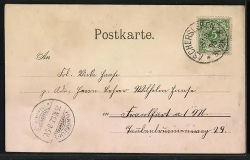 Vorläufer-Lithographie Aschersleben, 1895, Bahnhof, Rathaus, Post