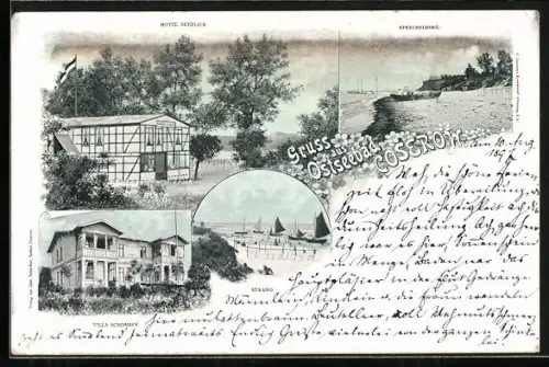 AK Coserow, Hotel Seeblick, Villa Schöneck, Strand, Steckelberg