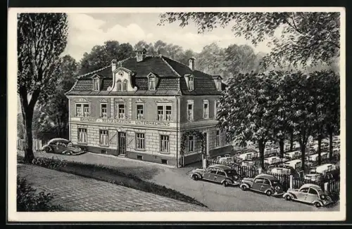 Künstler-AK Unterhaching, Bahnhof-Restaurant, Bes. Thomas Wieshaus