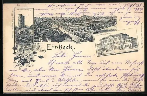 Lithographie Einbeck, Storchenturm, Präparantenschule, Ortspanorama