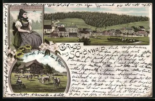 Lithographie Schönwald / Schwarzwald, Kuhweide, Frau in Tracht, Blick über den Ort