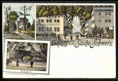 Lithographie Lichtenhain /Sächs. Schweiz, Restaurant, Gasthaus a. d. grossen Winterberg, Wasserfall