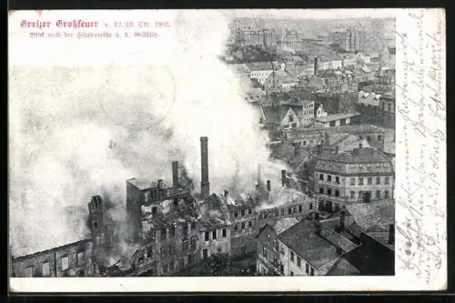AK Greiz, Greizer Gro'feuer 1902, Blick nach der Häuserreihe a. d. Grässlitz