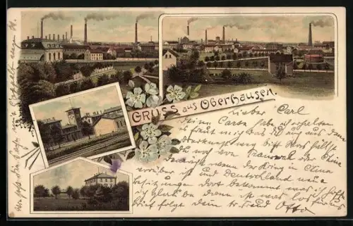 Lithographie Oberhausen / Rheinland, Fabrikanlagen, Bahngleise im Ort