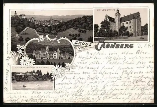 Lithographie Cronberg, Schlossruine, Victoriapensionat im Kronthal, Schloss Friedrichshof