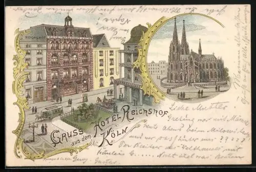 Lithographie Köln, Hotel Reichshof, Kirche