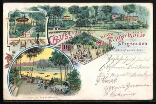 Lithographie Berlin-Schlachtensee, Gasthaus Fischerhütte Stegemann, Terrasse am See