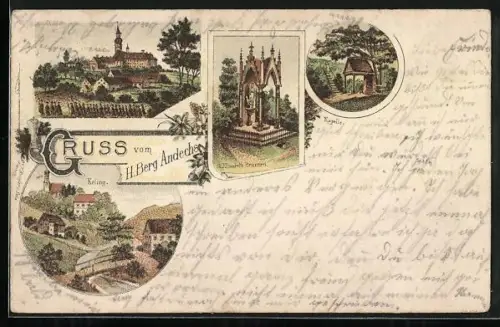 Lithographie Andechs, H. Berg, St. Elisabeth-Brunnen und Kapelle