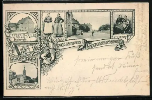 AK Schutterwald, Gasthaus zum Adler, Kirche und Strassenpartie