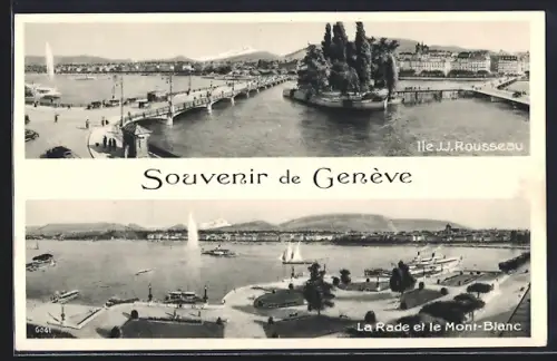 AK Genève, Ile J. J. Rousseau, La Rade et le Mont-Blanc