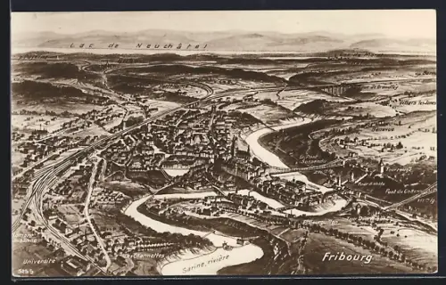 Künstler-AK Fribourg, Panorama mit Bellevue, Villars les Jones und Universität