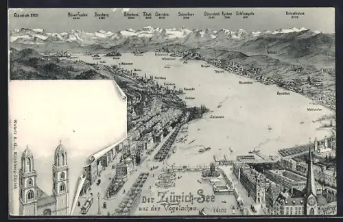 Künstler-AK Zürich, Kirche, Der Zürich-See mit Tödi, Drusberg und Glärnisch