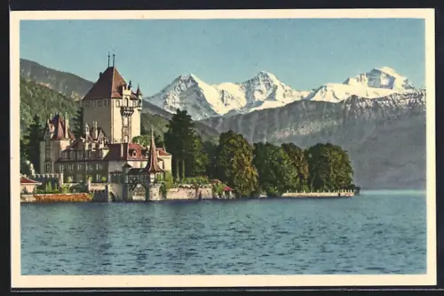 AK Oberhofen /Thunersee, Museum Schloss Oberhofen mit Eiger, Mönch und Jungfrau